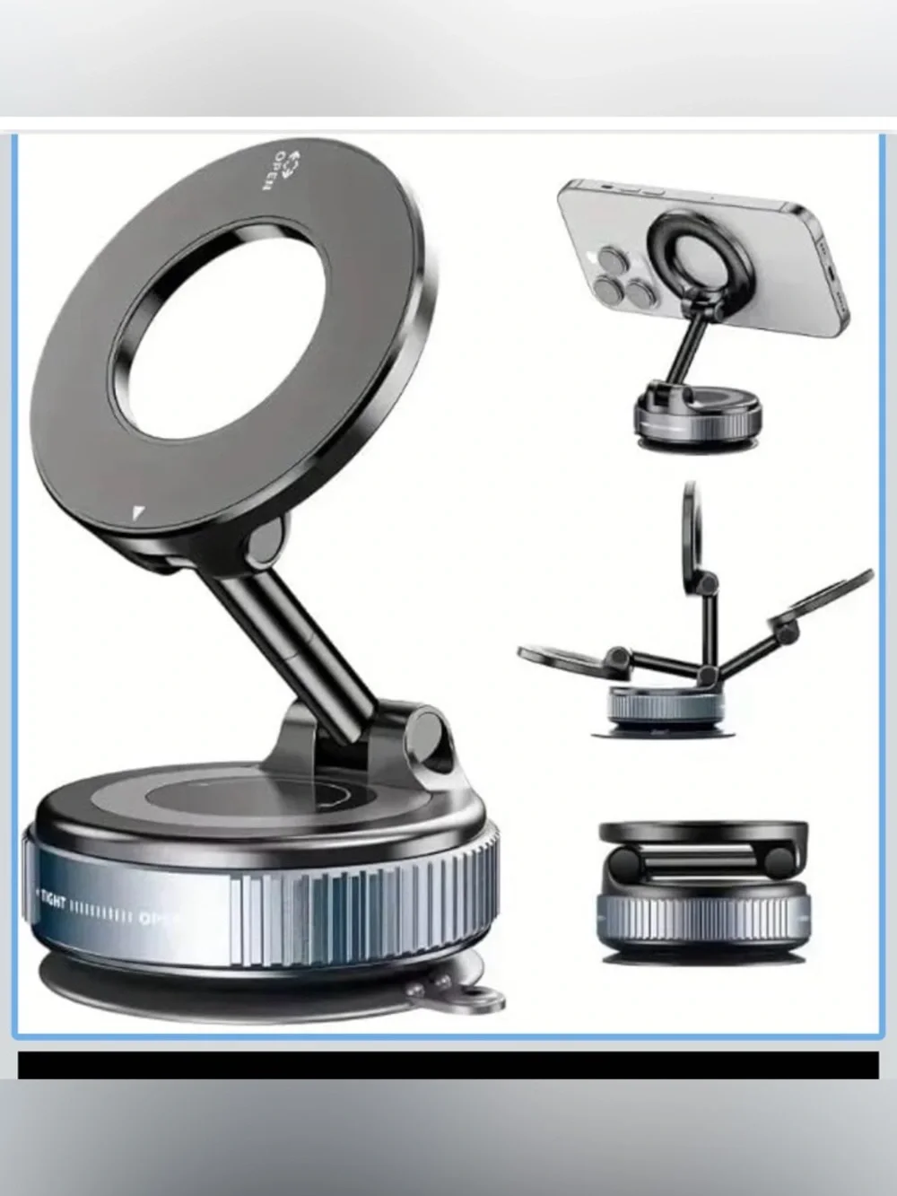 Universal Black Magnetic Phone Mount with Rotating Ring and Foldable Arm K007